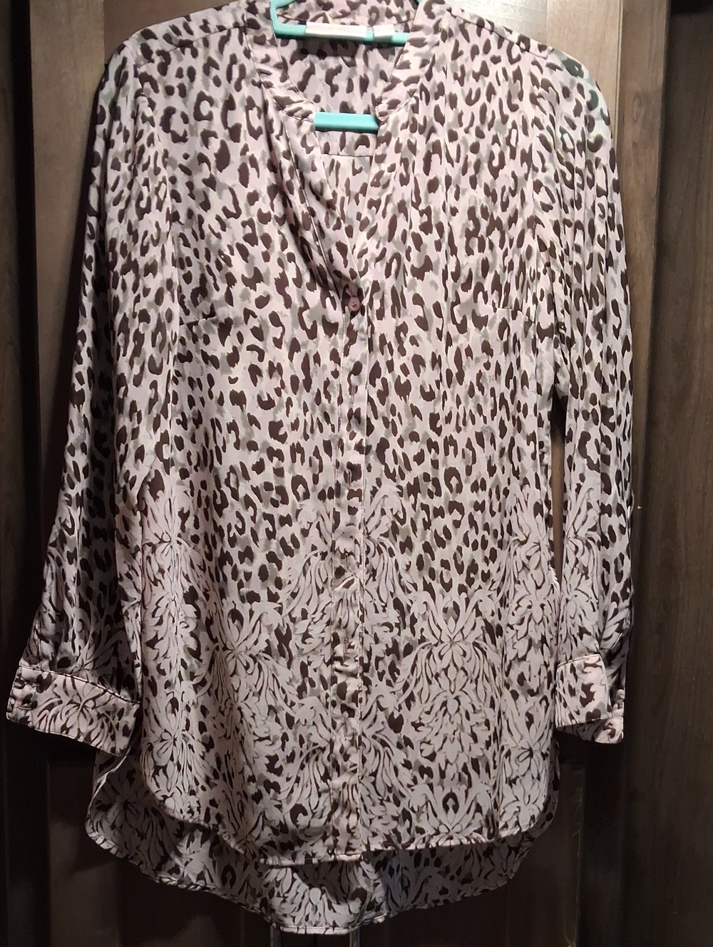 Belle by Kim Gravel Taupe and Brown Leopard Floral Button-Front Blouse